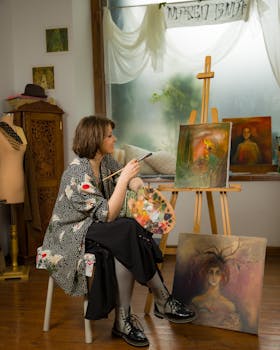Woman in art studio painting on canvases, surrounded by artistic decor.